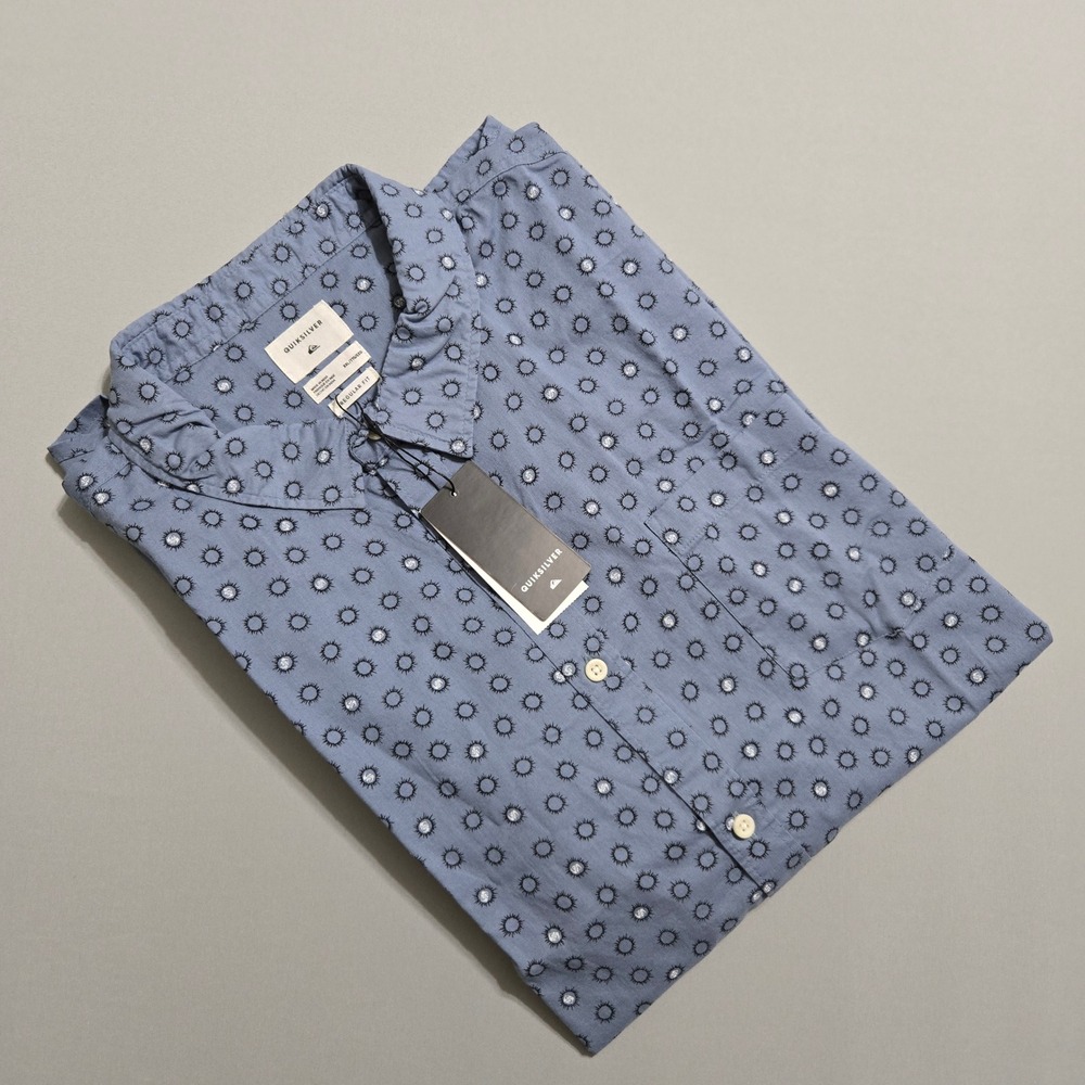 Quiksilver Shirt Mens XXL Blue Buck Shot Sunburst Short Sleeve Button Up